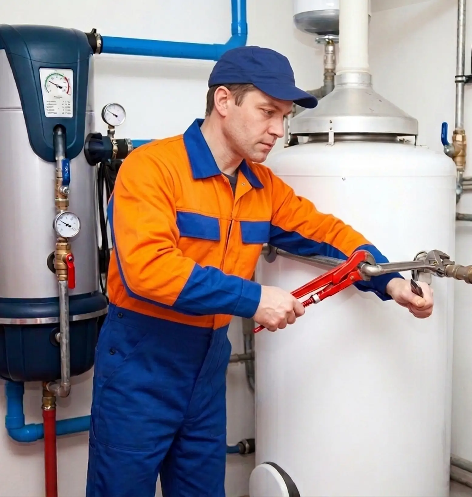 Gas Engineer Working on Hot Water Tank