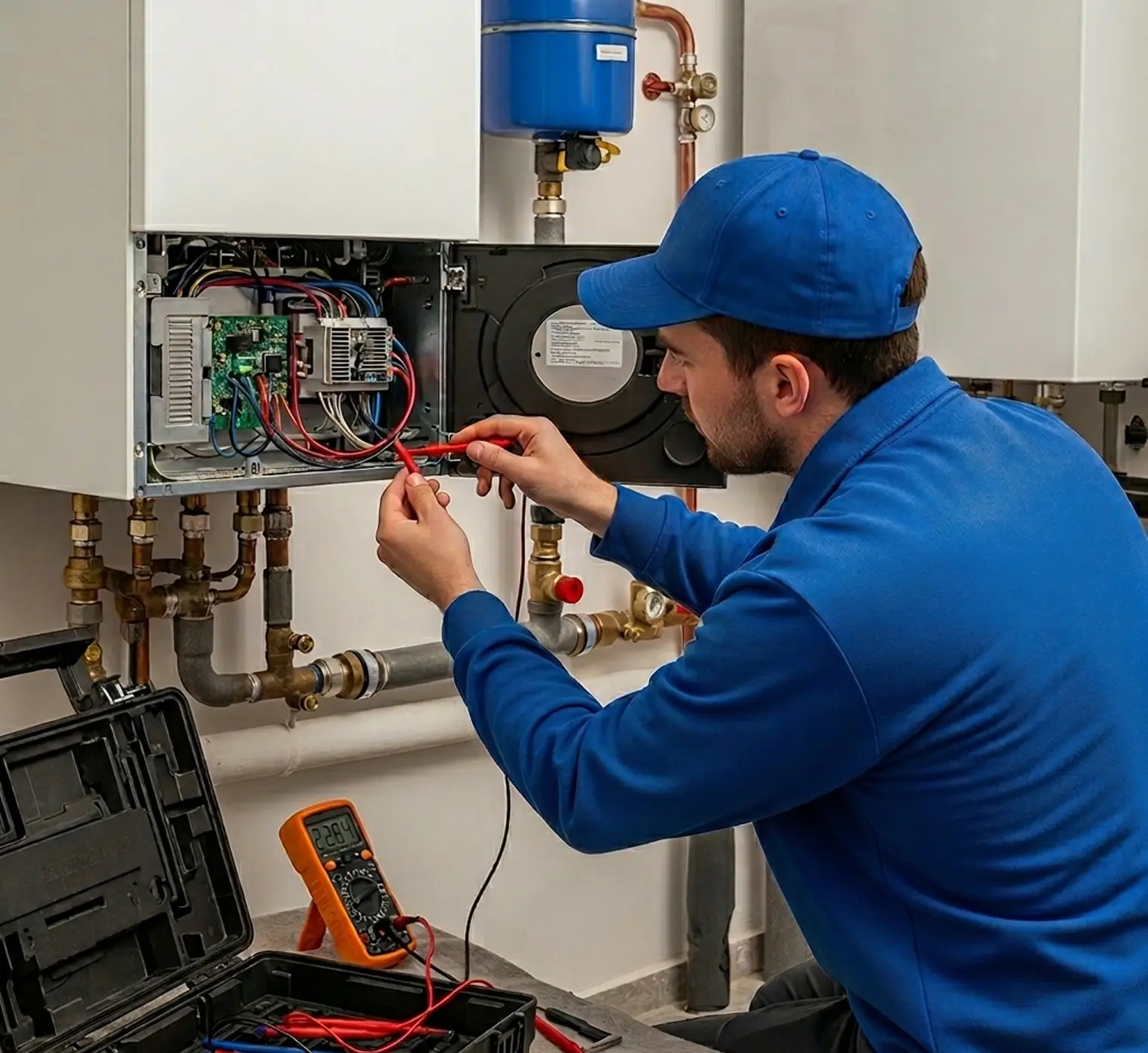 Gas Engineer Diagnosing Problem in boiler